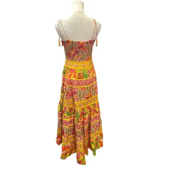FARM Rio Yellow Pink Floral Tiered Midi Dress - Picture 10 of 12